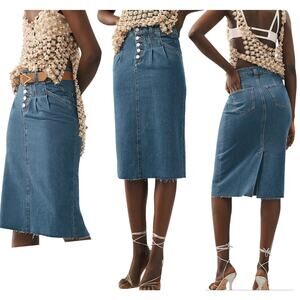 Anthropologie Pilcro Denim Jean Midi Skirt Raw Hem Pleated Buttons Size 4 NEW